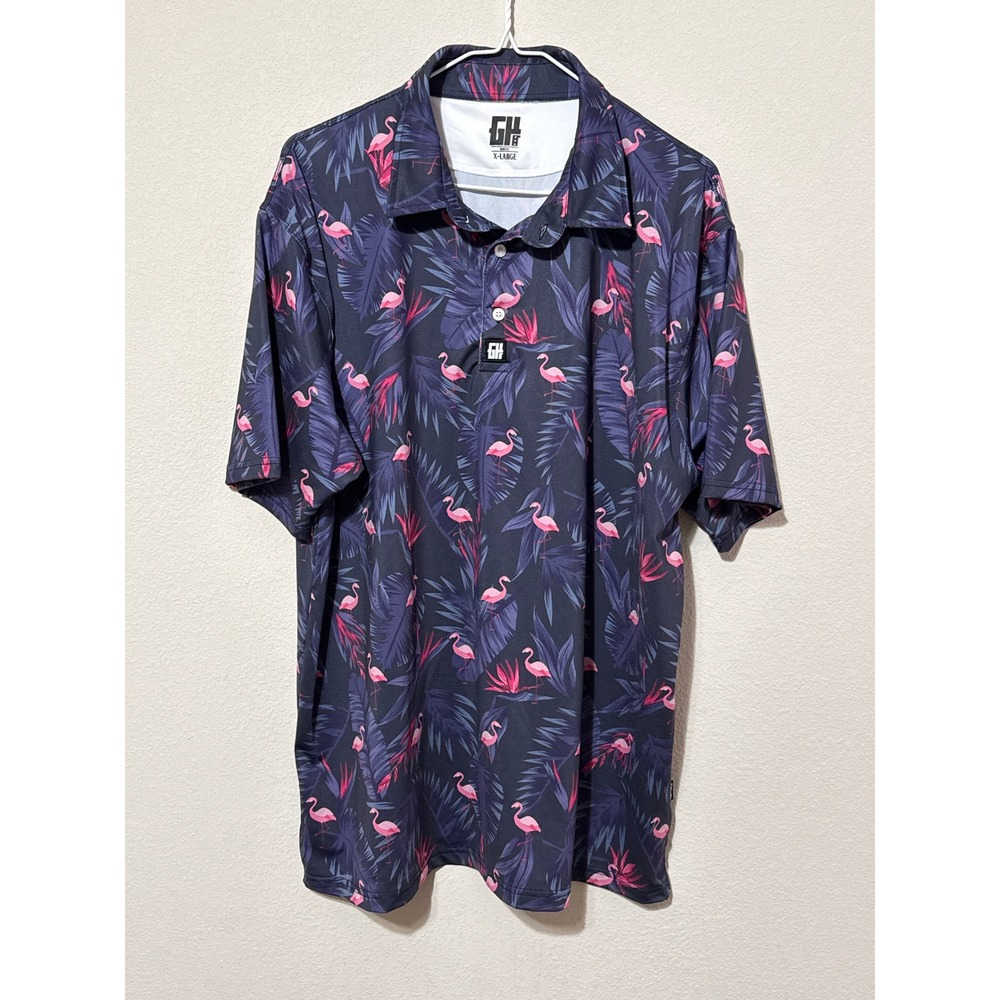 Greater Half GH‎ Polo Shirt Mens XL Purple Pink Flamingos Performance Golfer